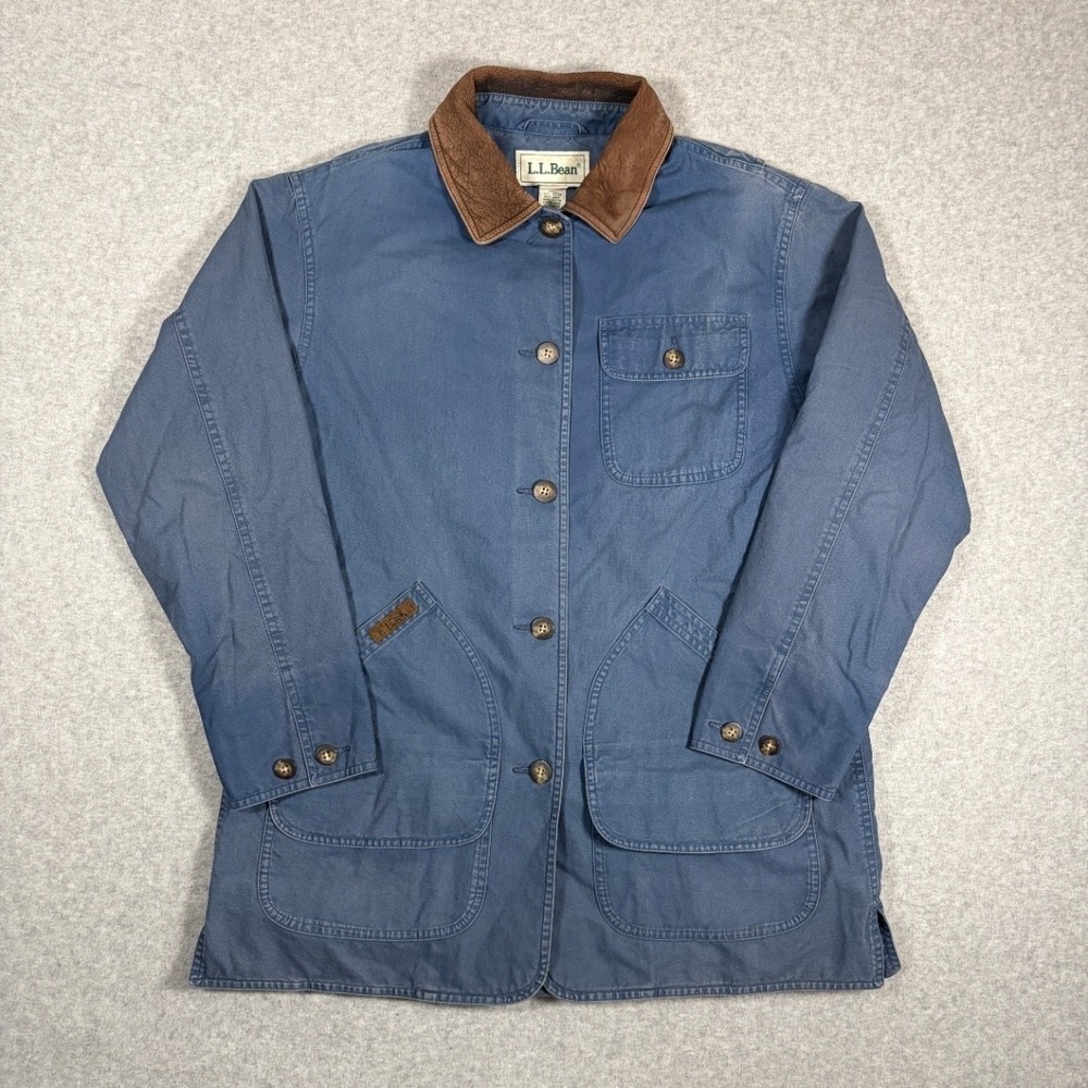 Vintage LL Bean Chore Barn Coat Women's Medium Blue Workwear Leather Collar